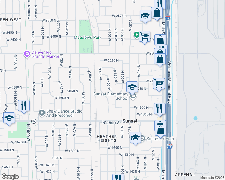 map of restaurants, bars, coffee shops, grocery stores, and more near 2036 North 400 West in Sunset