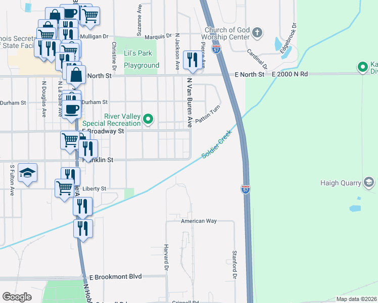 map of restaurants, bars, coffee shops, grocery stores, and more near 155 South Van Buren Avenue in Bradley