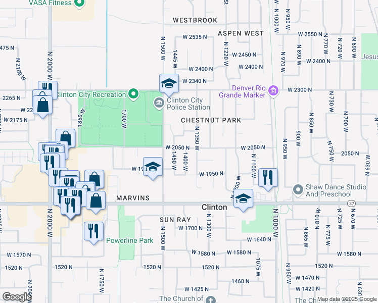 map of restaurants, bars, coffee shops, grocery stores, and more near 1408 West 2050 North in Clinton