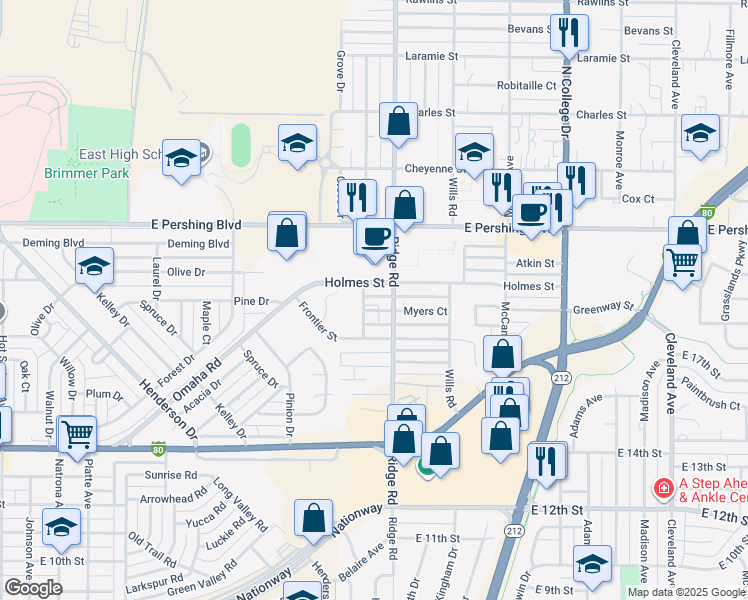 map of restaurants, bars, coffee shops, grocery stores, and more near 3306 Myers Court in Cheyenne
