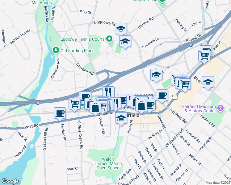 map of restaurants, bars, coffee shops, grocery stores, and more near 226 Ludlowe Road in Fairfield
