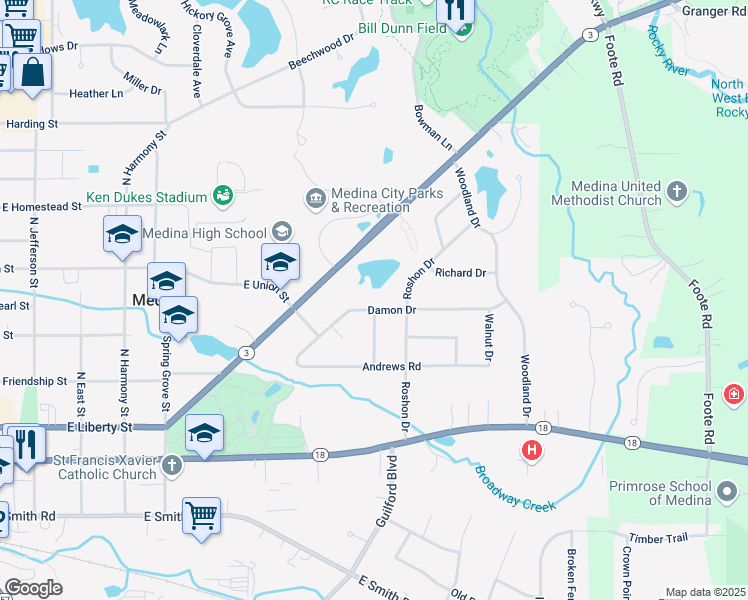 map of restaurants, bars, coffee shops, grocery stores, and more near 865 Damon Drive in Medina