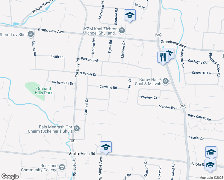 map of restaurants, bars, coffee shops, grocery stores, and more near 51 Winesap Lane in Monsey