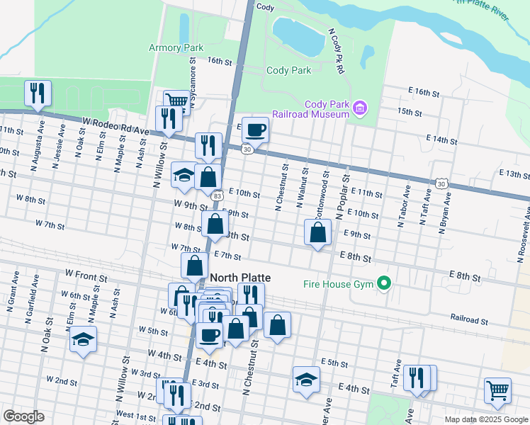 map of restaurants, bars, coffee shops, grocery stores, and more near 950-998 N Chestnut St in North Platte