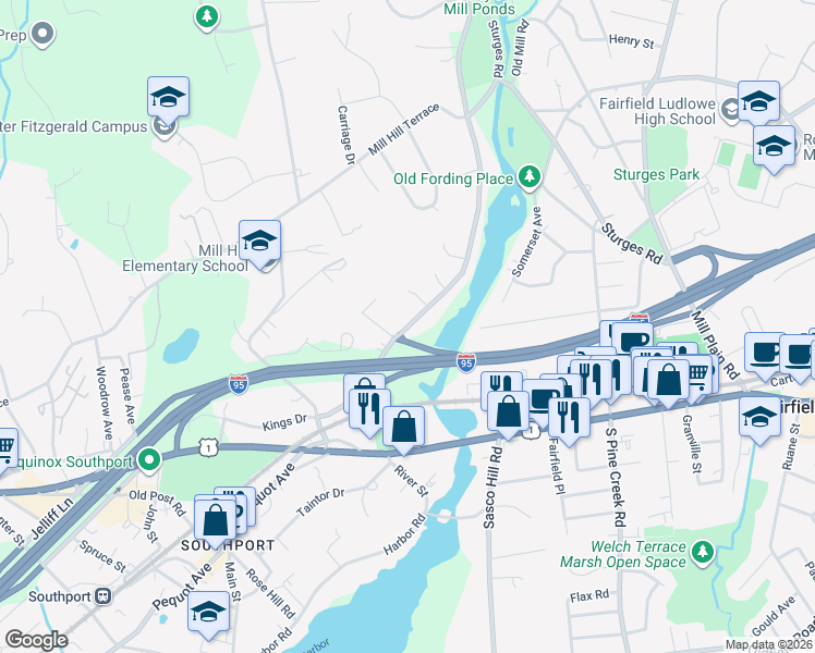 map of restaurants, bars, coffee shops, grocery stores, and more near 279 Bronson Road in Fairfield