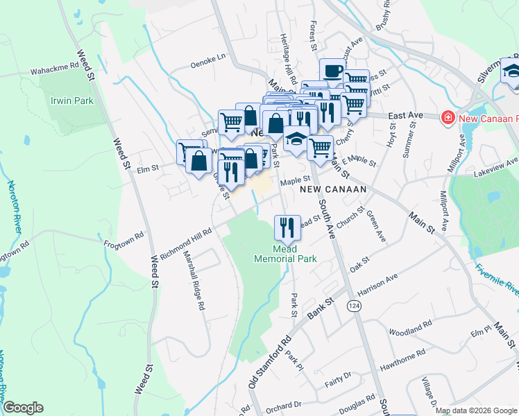 map of restaurants, bars, coffee shops, grocery stores, and more near 22 Richmond Hill Road in New Canaan
