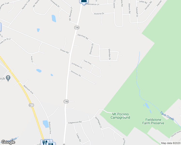 map of restaurants, bars, coffee shops, grocery stores, and more near Evergreen Circle in Tobyhanna