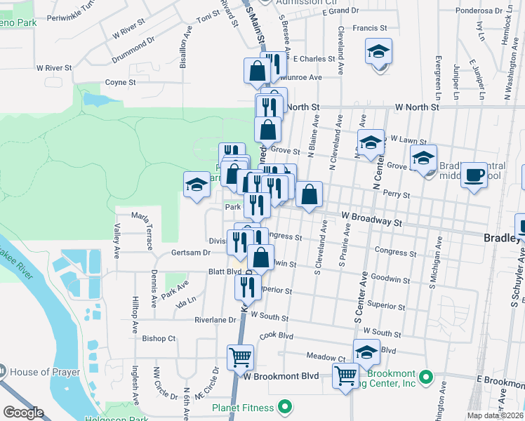 map of restaurants, bars, coffee shops, grocery stores, and more near 118 Kennedy Dr in Bradley