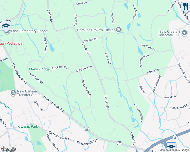 map of restaurants, bars, coffee shops, grocery stores, and more near 543 Carter Street in New Canaan
