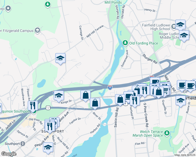 map of restaurants, bars, coffee shops, grocery stores, and more near 279 Bronson Road in Fairfield