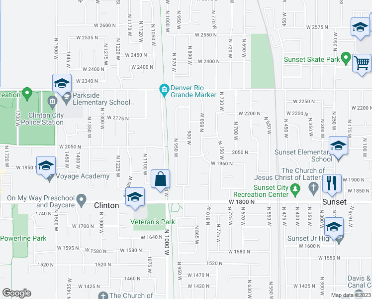 map of restaurants, bars, coffee shops, grocery stores, and more near 2029 North 900 West in Clinton