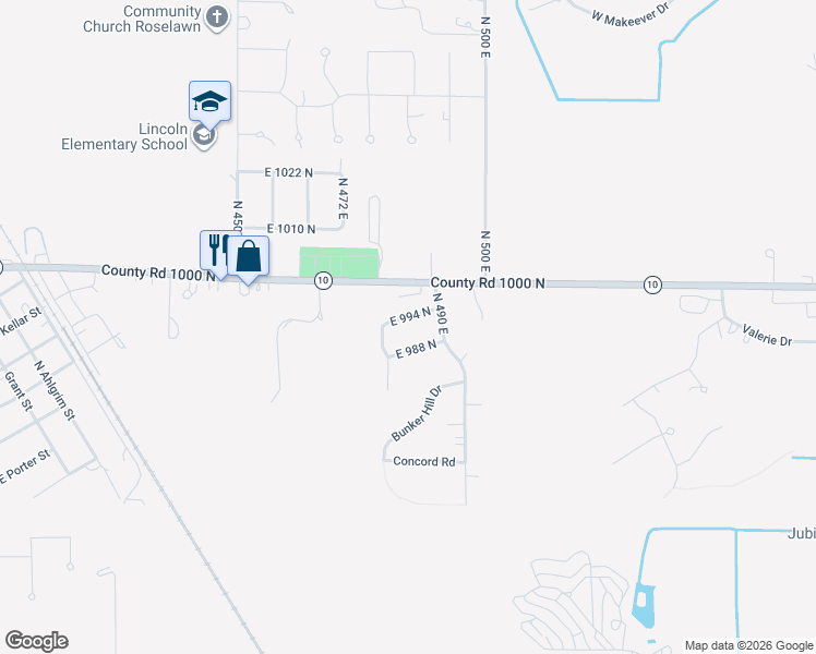 map of restaurants, bars, coffee shops, grocery stores, and more near 4841 East 994 North in De Motte