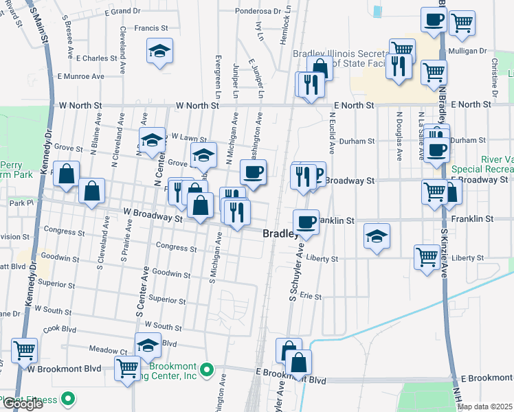 map of restaurants, bars, coffee shops, grocery stores, and more near 137 Perry Street in Bradley