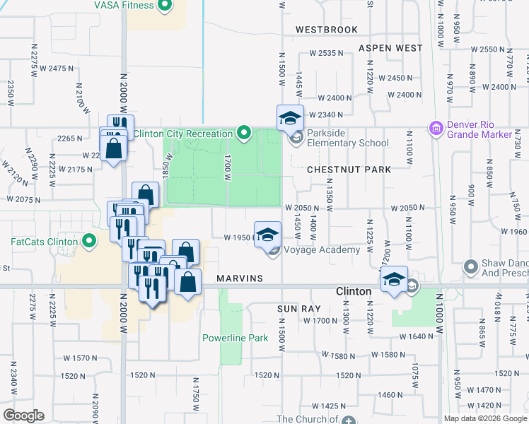 map of restaurants, bars, coffee shops, grocery stores, and more near 1551 West 2050 North in Clinton