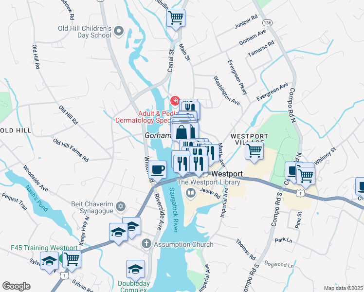 map of restaurants, bars, coffee shops, grocery stores, and more near 155 Main Street in Westport
