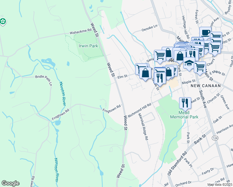 map of restaurants, bars, coffee shops, grocery stores, and more near 694 Weed Street in New Canaan