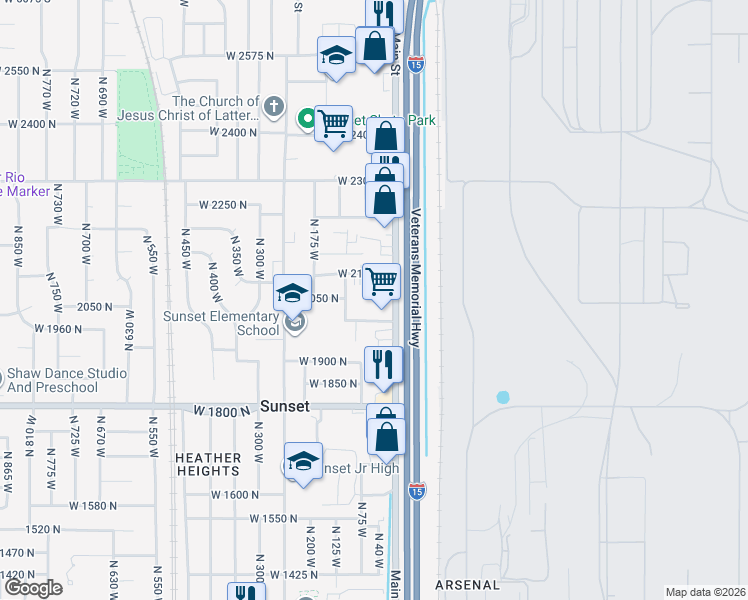 map of restaurants, bars, coffee shops, grocery stores, and more near 2043 North Main Street in Sunset