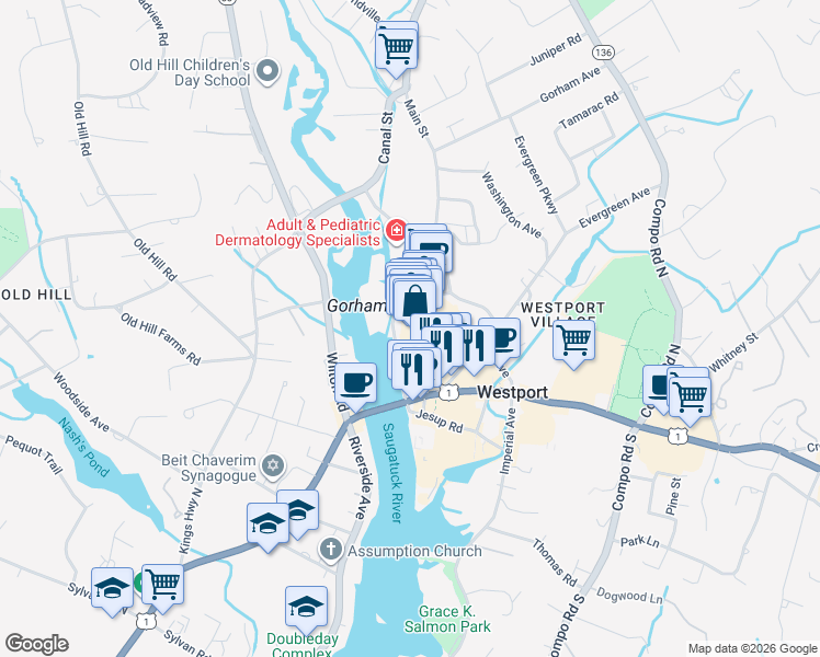 map of restaurants, bars, coffee shops, grocery stores, and more near 155 Main Street in Westport