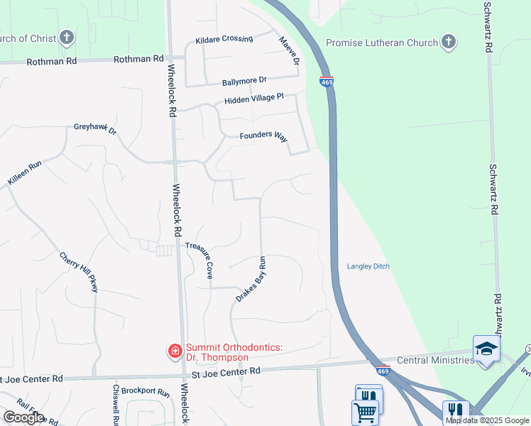 map of restaurants, bars, coffee shops, grocery stores, and more near 9719 Bitter End Cove in Fort Wayne