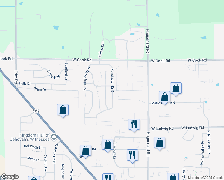 map of restaurants, bars, coffee shops, grocery stores, and more near 4225 Walkers Ridge in Fort Wayne