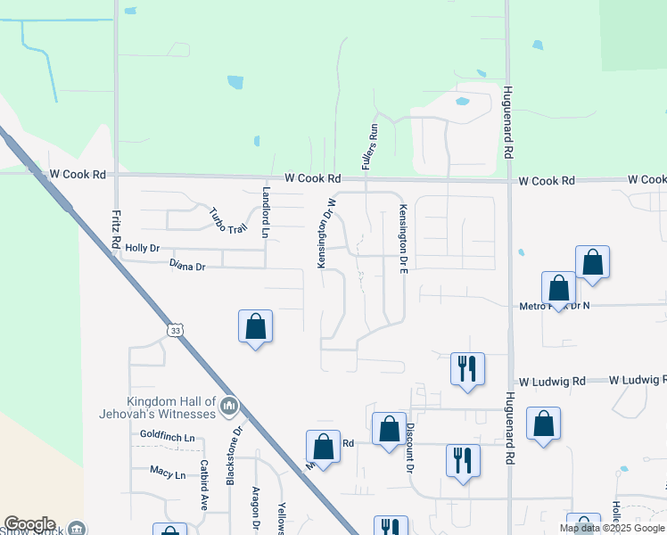 map of restaurants, bars, coffee shops, grocery stores, and more near 7030 Kensington Drive West in Fort Wayne