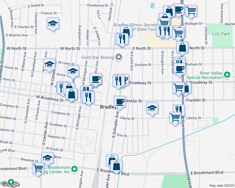 map of restaurants, bars, coffee shops, grocery stores, and more near 135 South Schuyler Avenue in Bradley