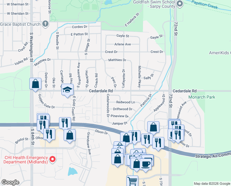 map of restaurants, bars, coffee shops, grocery stores, and more near 808 Evergreen Drive in Papillion
