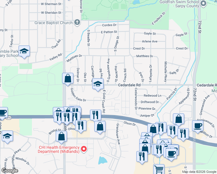 map of restaurants, bars, coffee shops, grocery stores, and more near 605 Cedardale Road in Papillion