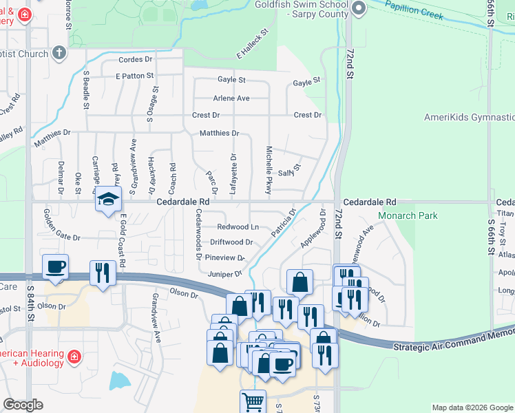 map of restaurants, bars, coffee shops, grocery stores, and more near 822 Spruce Drive in Papillion