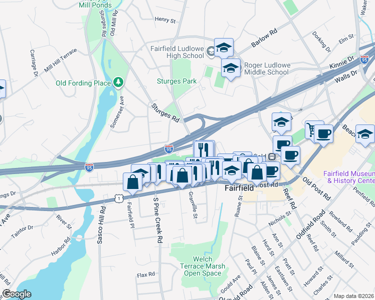 map of restaurants, bars, coffee shops, grocery stores, and more near 49 Redfield Road in Fairfield