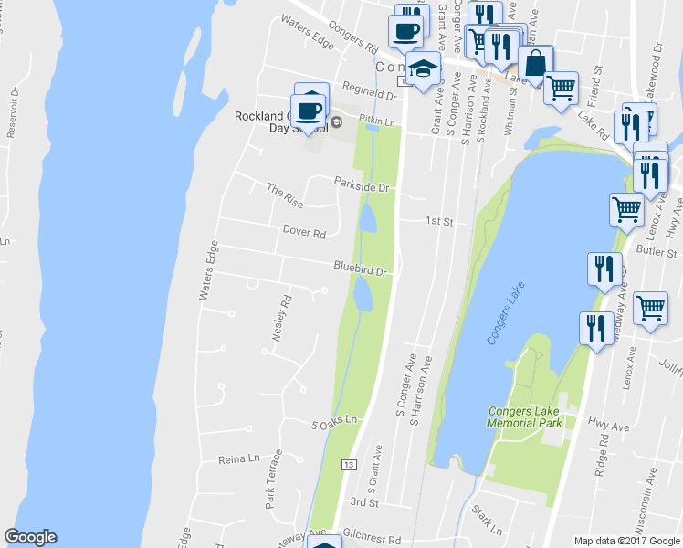 map of restaurants, bars, coffee shops, grocery stores, and more near 15 Bluebird Drive in Congers