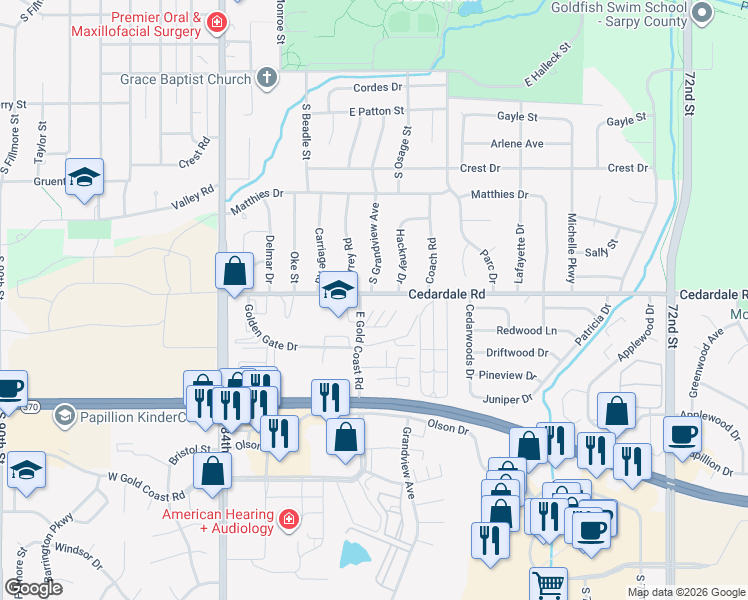 map of restaurants, bars, coffee shops, grocery stores, and more near 605 Cedardale Road in Papillion