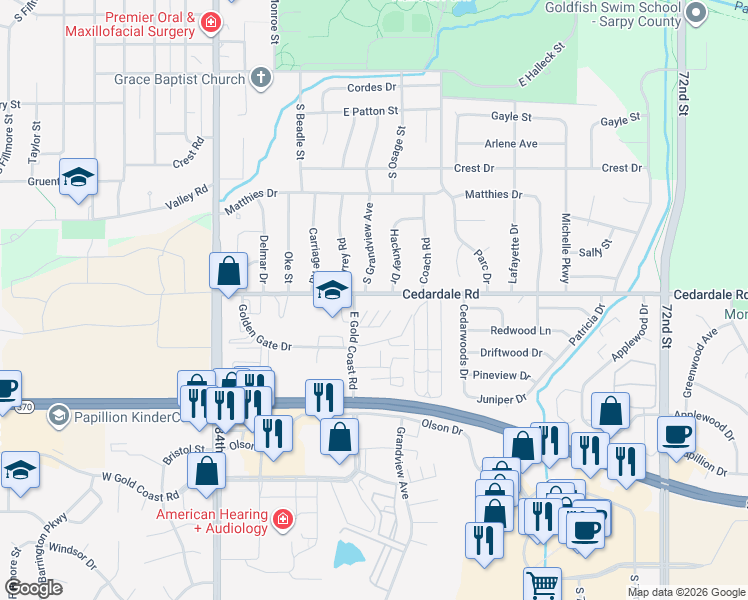 map of restaurants, bars, coffee shops, grocery stores, and more near 605 Cedardale Road in Papillion