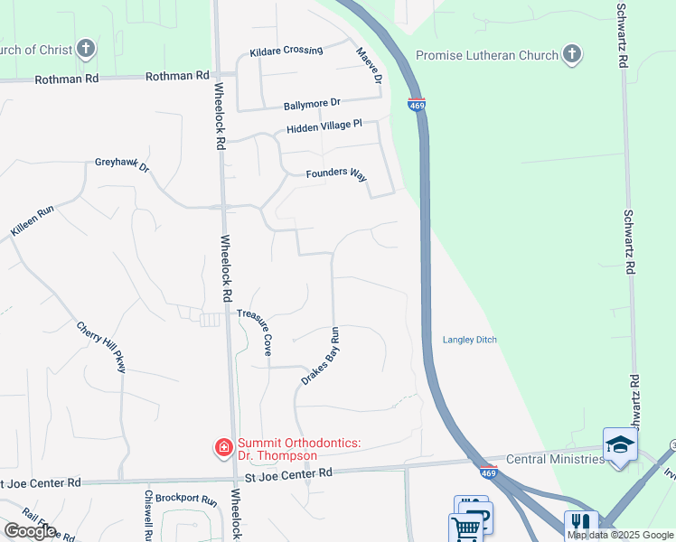 map of restaurants, bars, coffee shops, grocery stores, and more near 9719 Bitter End Cove in Fort Wayne
