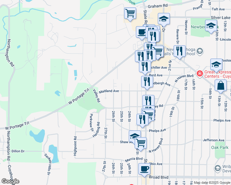 map of restaurants, bars, coffee shops, grocery stores, and more near 2540 Maitland Avenue in Cuyahoga Falls