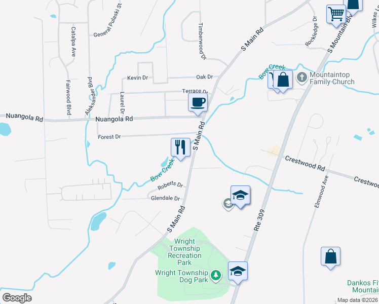 map of restaurants, bars, coffee shops, grocery stores, and more near 285 South Main Road in Mountain Top