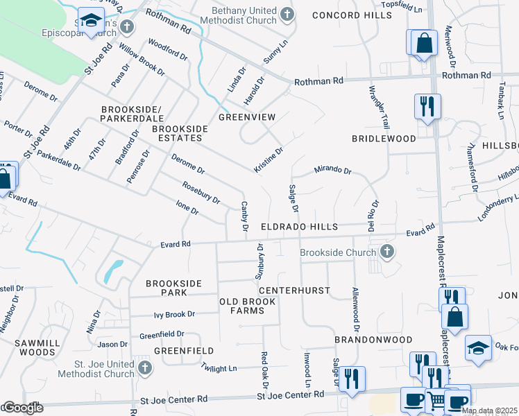 map of restaurants, bars, coffee shops, grocery stores, and more near 6729 Ramblewood Drive in Fort Wayne