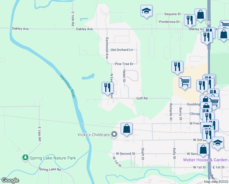map of restaurants, bars, coffee shops, grocery stores, and more near 1 Hilltop Drive in Streator