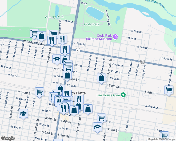 map of restaurants, bars, coffee shops, grocery stores, and more near 950 North Chestnut Street in North Platte