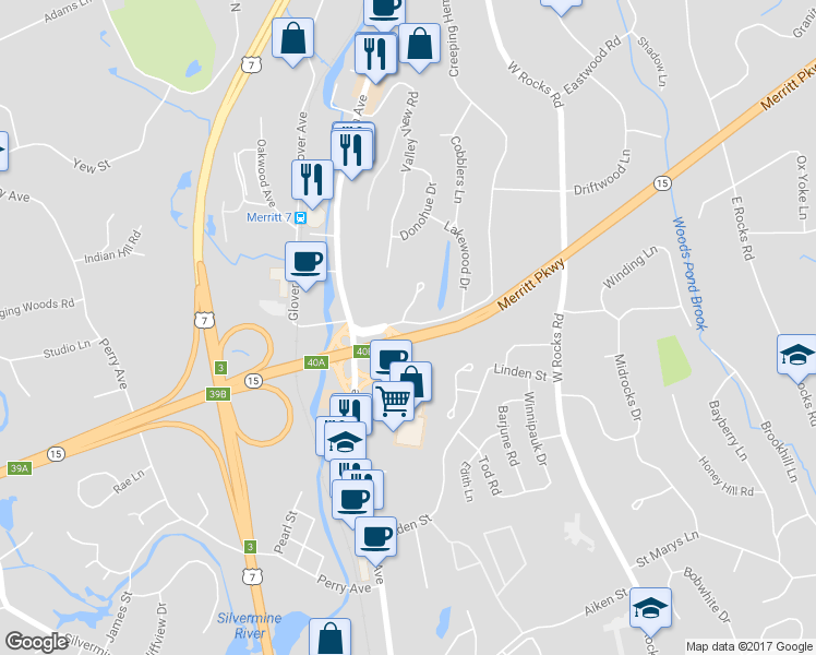 map of restaurants, bars, coffee shops, grocery stores, and more near 84 Creeping Hemlock Drive in Norwalk
