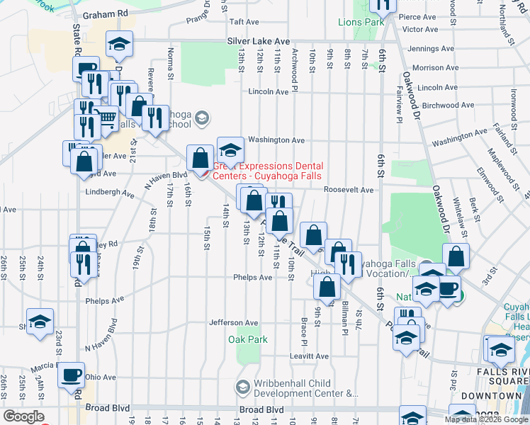 map of restaurants, bars, coffee shops, grocery stores, and more near 2549 12th Street in Cuyahoga Falls