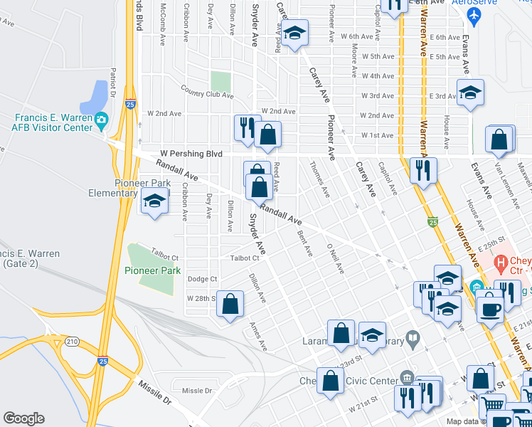map of restaurants, bars, coffee shops, grocery stores, and more near 813 Randall Avenue in Cheyenne