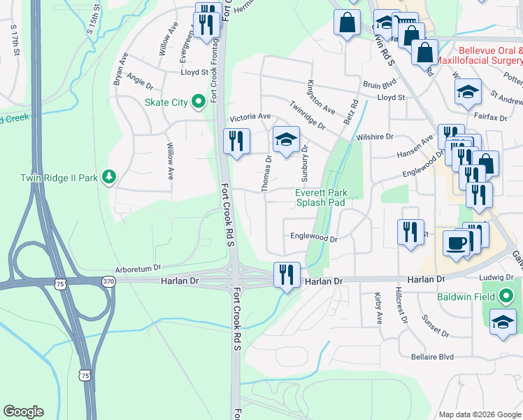 map of restaurants, bars, coffee shops, grocery stores, and more near 1512 Thomas Drive in Bellevue