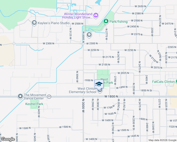 map of restaurants, bars, coffee shops, grocery stores, and more near 2954 West 2025 North in Clinton