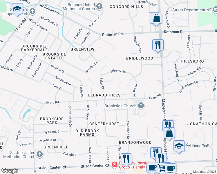 map of restaurants, bars, coffee shops, grocery stores, and more near 6633 Montecito Court in Fort Wayne