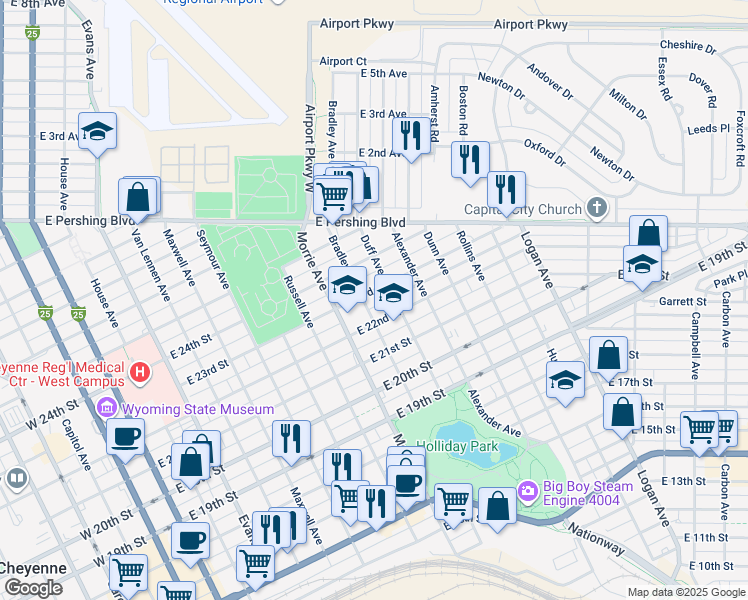 map of restaurants, bars, coffee shops, grocery stores, and more near 1105 East 23rd Street in Cheyenne