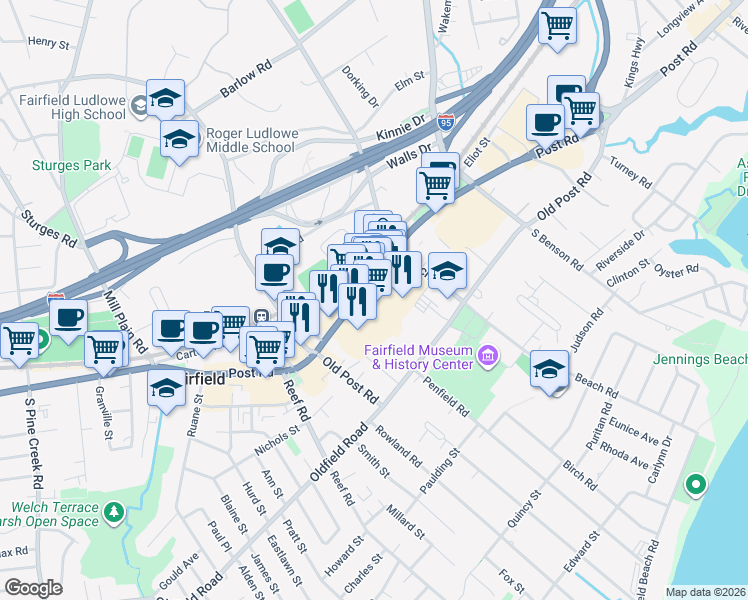 map of restaurants, bars, coffee shops, grocery stores, and more near 1189 Post Road in Fairfield