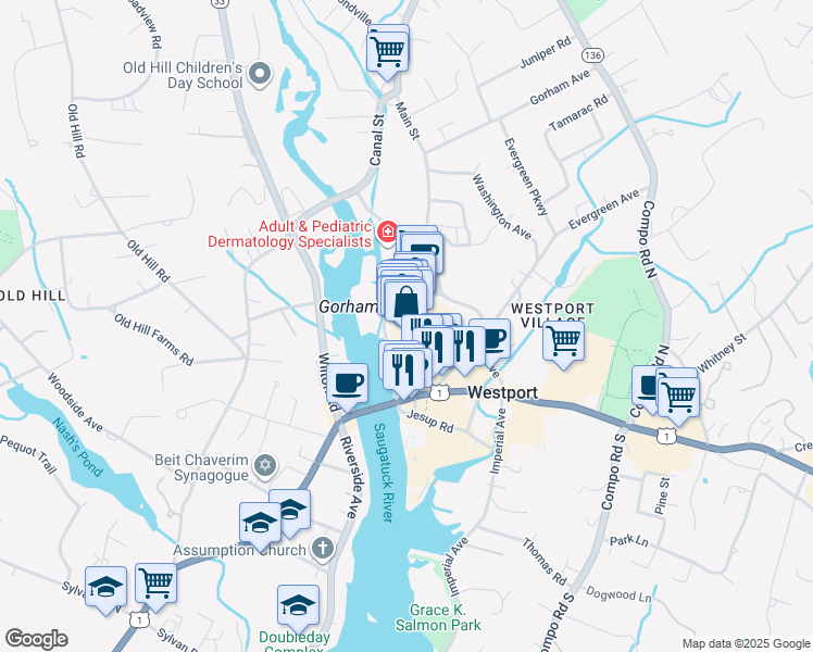 map of restaurants, bars, coffee shops, grocery stores, and more near 155 Main Street in Westport