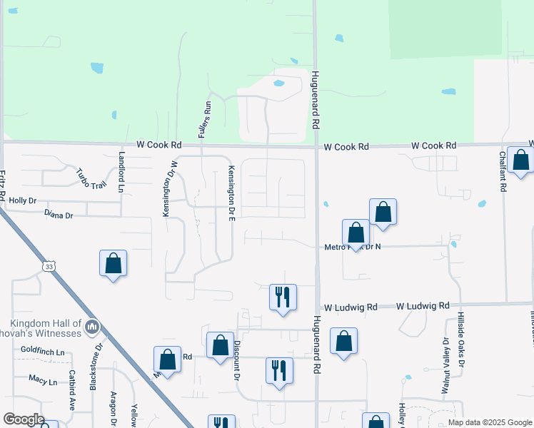 map of restaurants, bars, coffee shops, grocery stores, and more near 4023 Haslemere Way in Fort Wayne