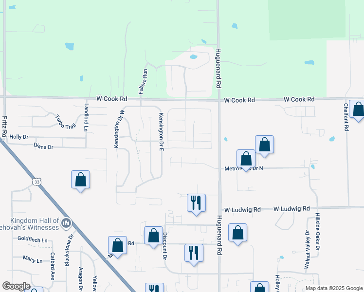 map of restaurants, bars, coffee shops, grocery stores, and more near 4023 Haslemere Way in Fort Wayne